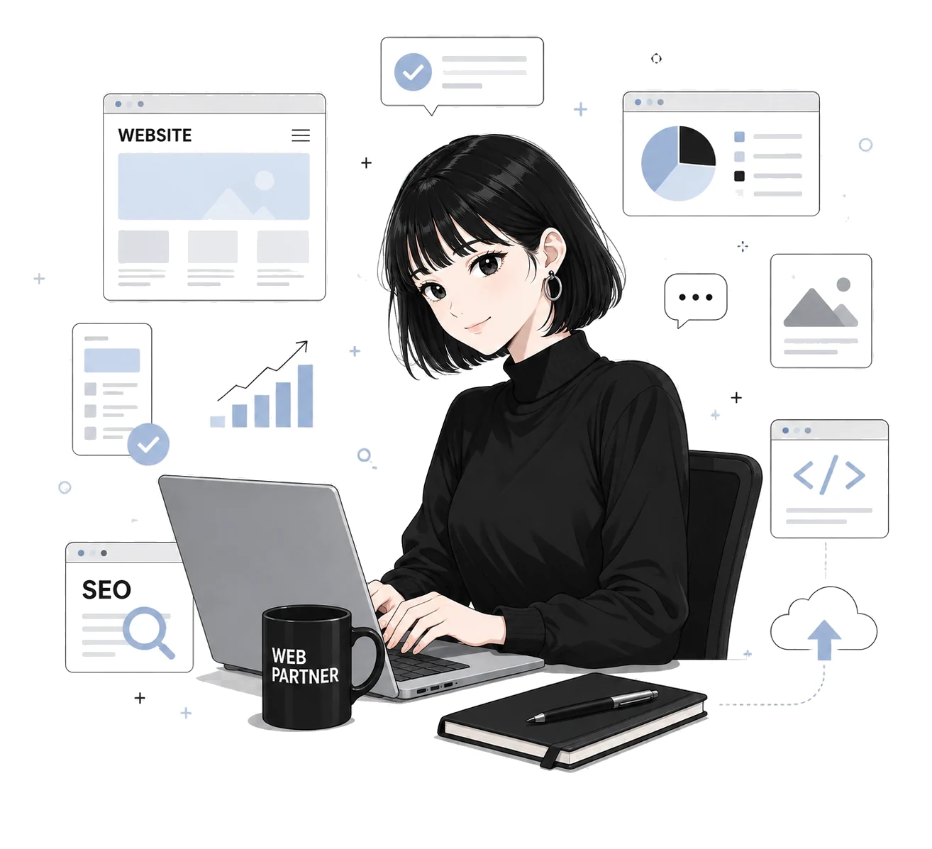 ノートパソコンで作業する専属Web担当。まわりにサイトの画面、アクセス解析のグラフ、SEO、コード、クラウドへの反映といった仕事が並んでいる